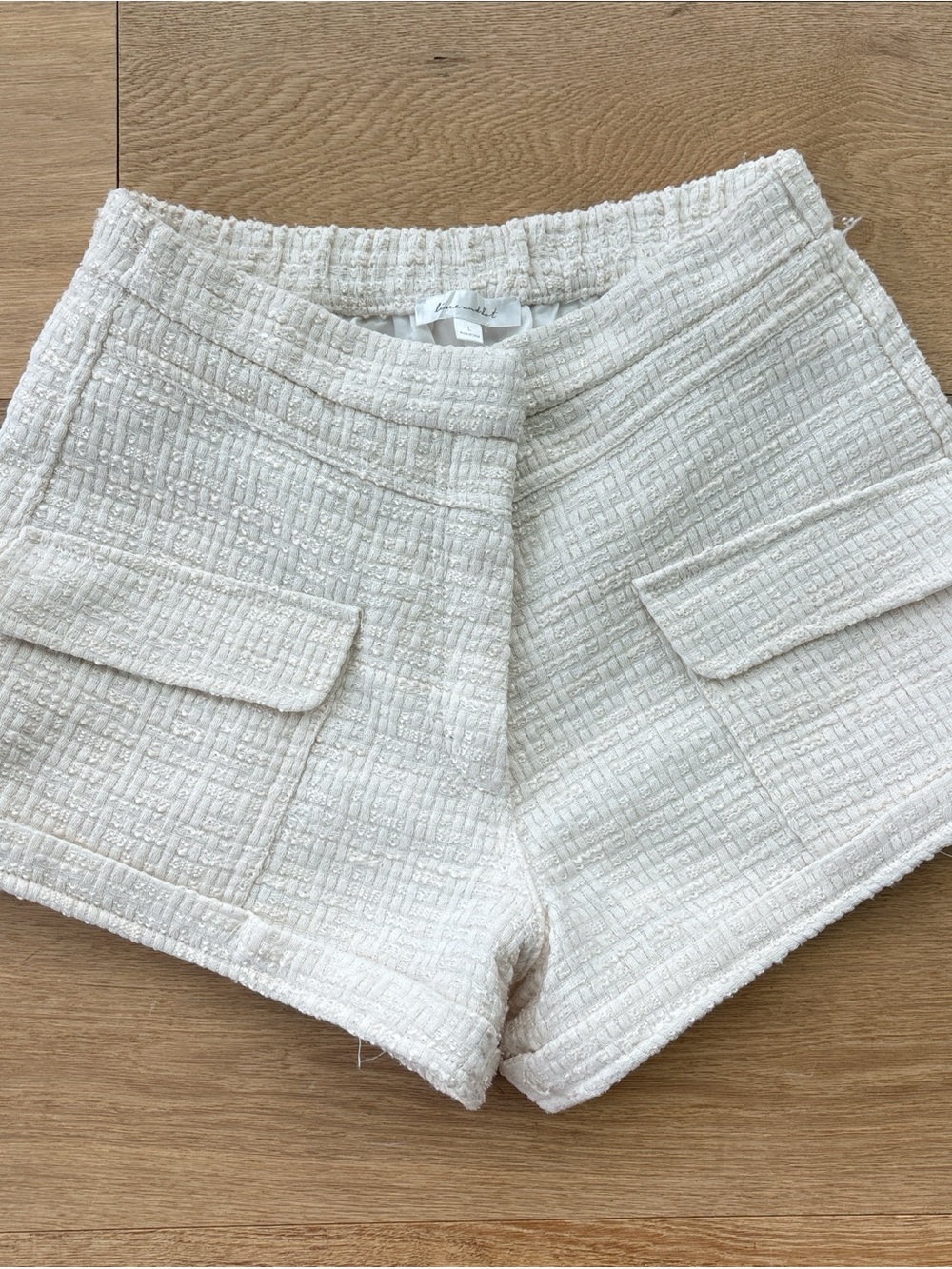 Line & Dot Cream Textured Tweed Shorts